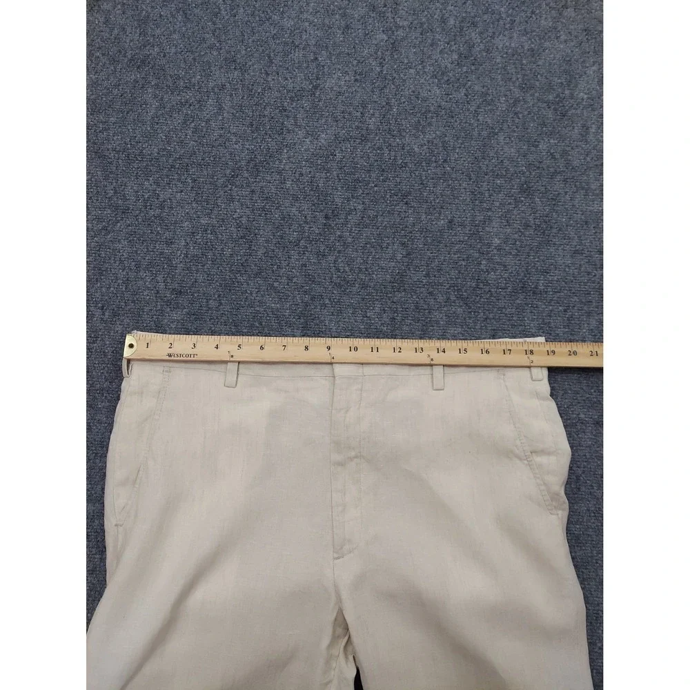 J Press Linen Pants 38x30 Beige Flat Front Cuffed Designer Dress Beach Wedding